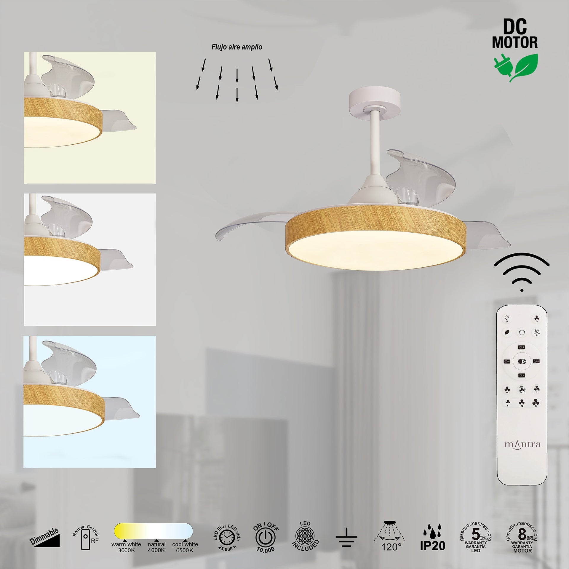 ALASKA * Ventilador Blanco/Madera LED 50W-2700K-5000K