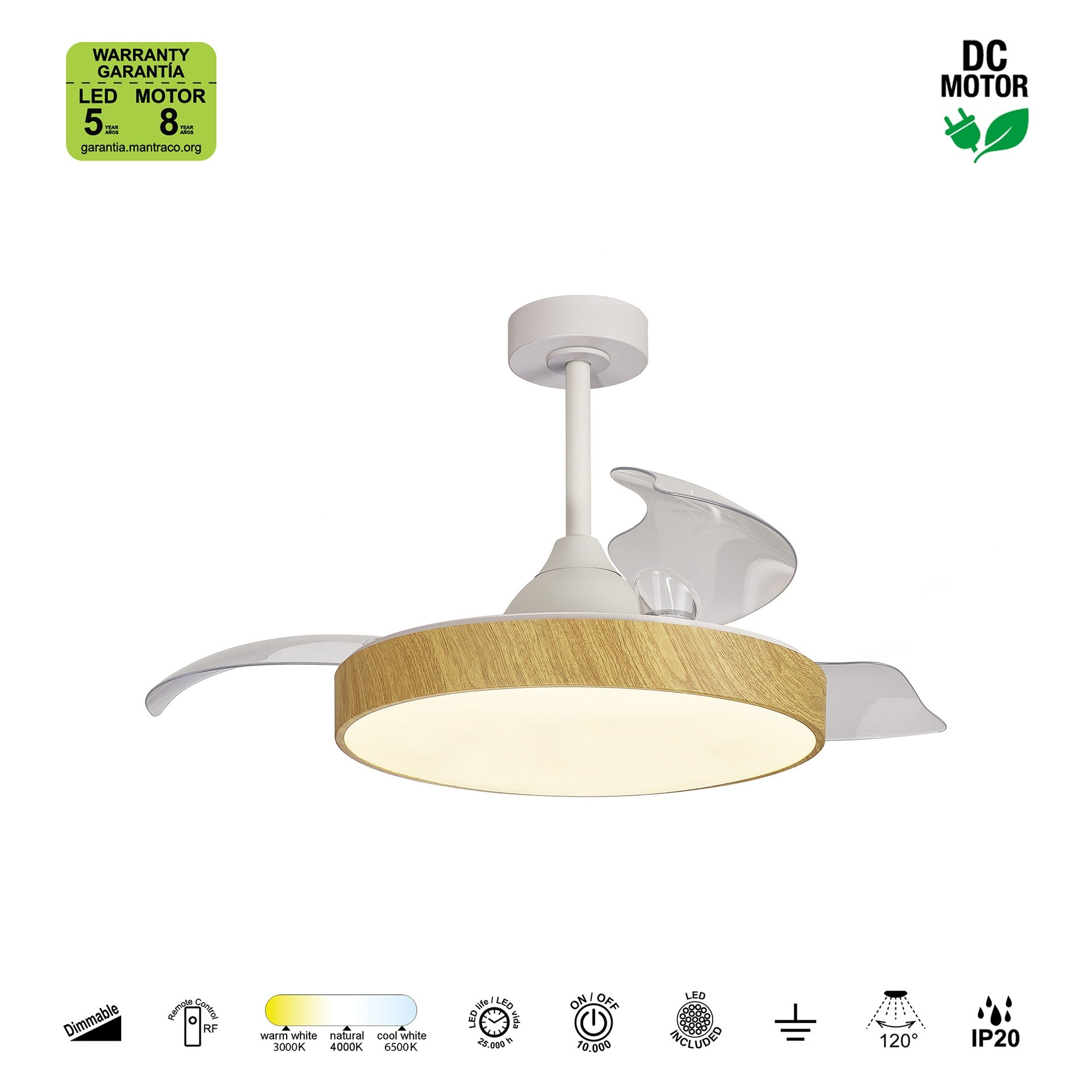ALASKA * Ventilador Blanco/Madera LED 50W-2700K-5000K