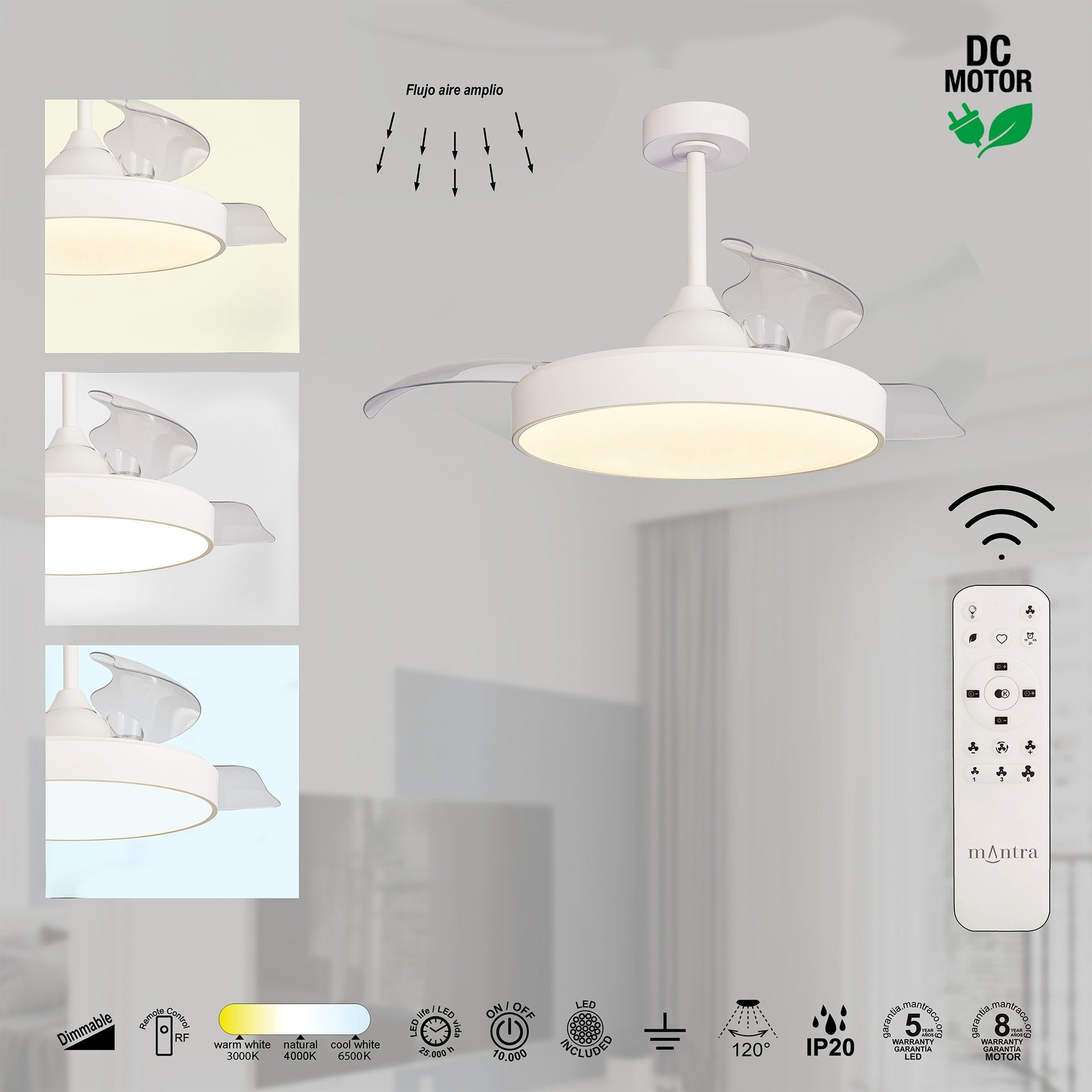 ALASKA MINI * Ventilador Blanco LED 45W-2700K-5000K