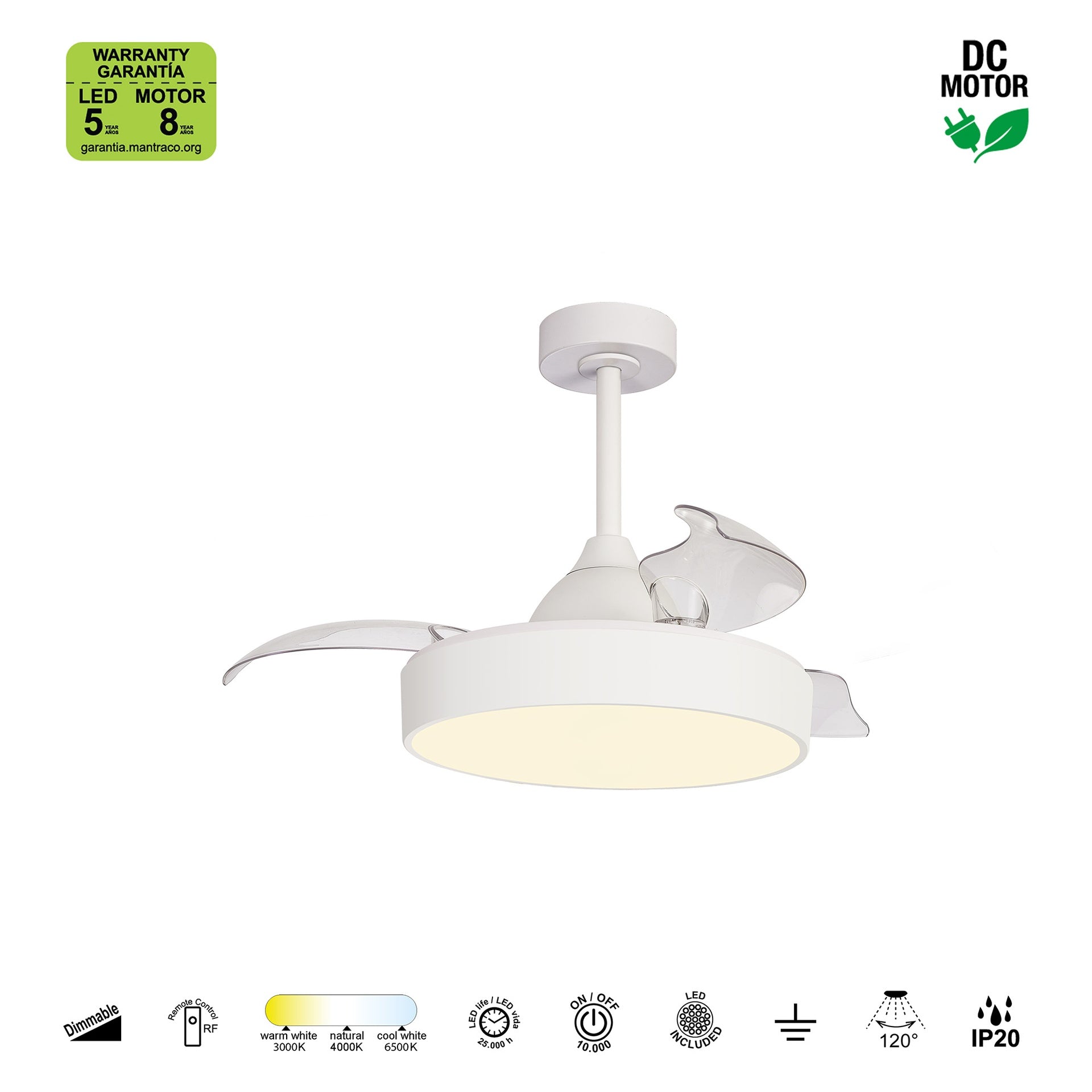 ALASKA MINI * Ventilador Blanco LED 45W-2700K-5000K