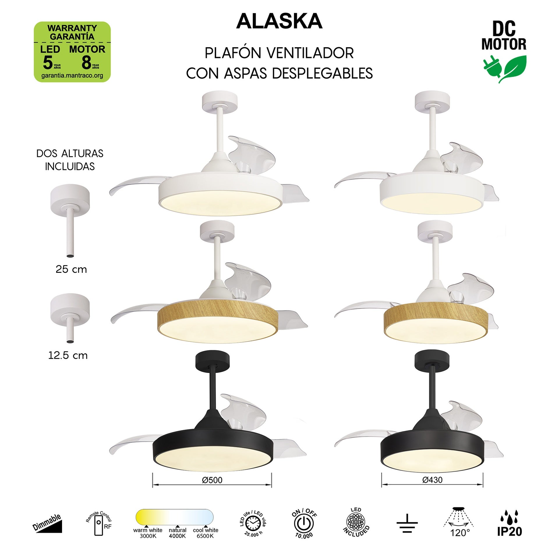 ALASKA MINI * Ventilador Blanco/madera LED 45W-2700K-5000K