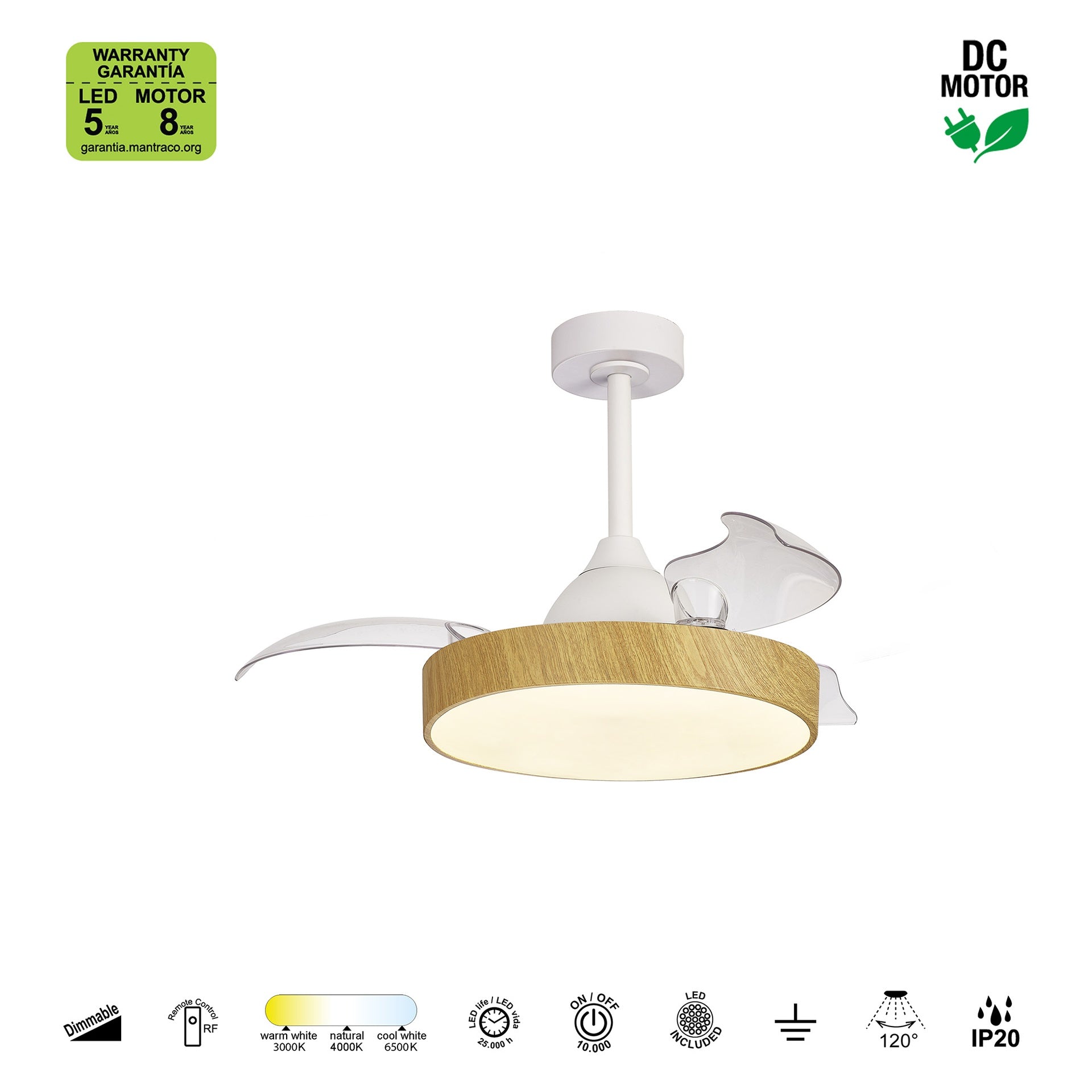 ALASKA MINI * Ventilador Blanco/madera LED 45W-2700K-5000K