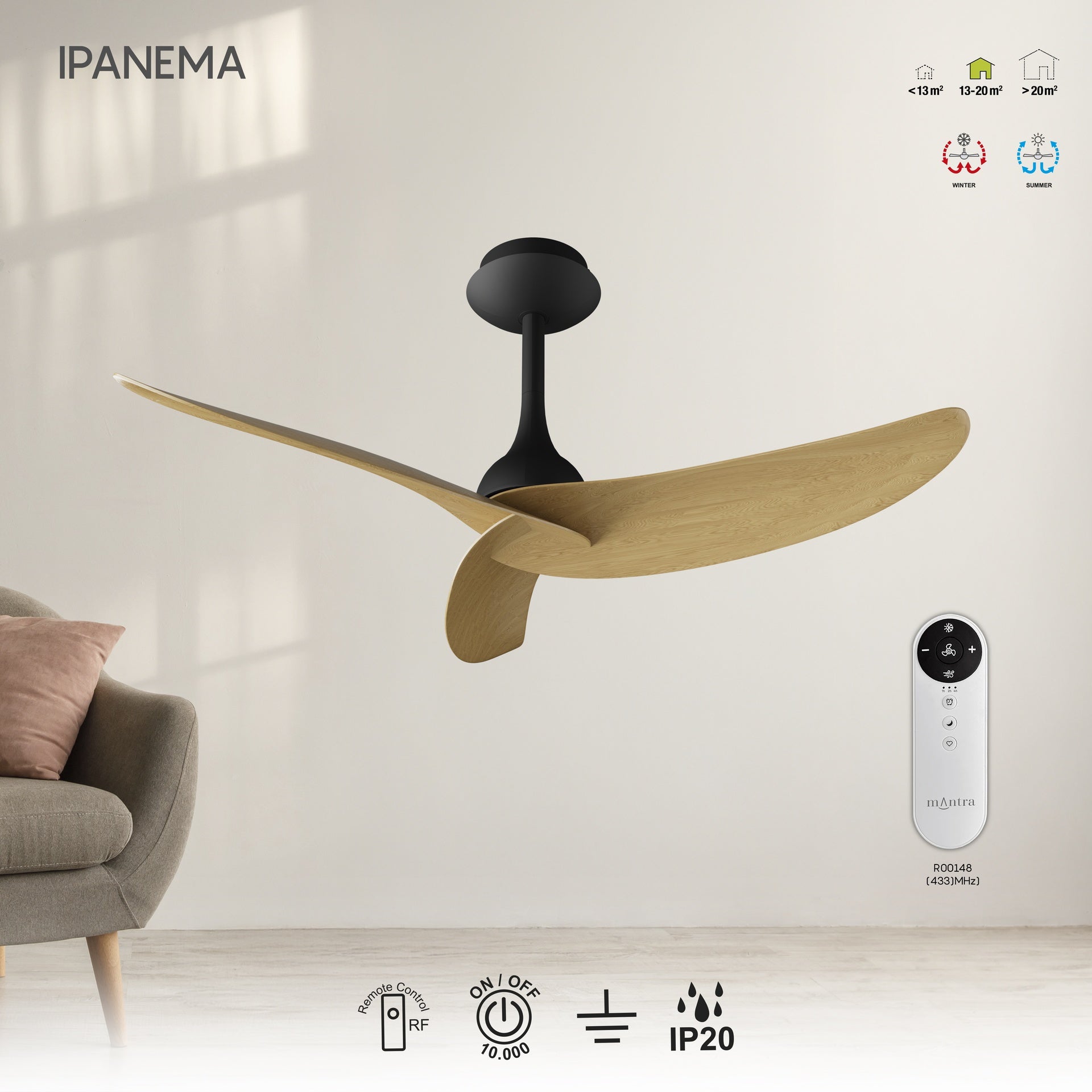 IPANEMA * VENTILADOR - NEGRO+MADERA - 3 PALAS