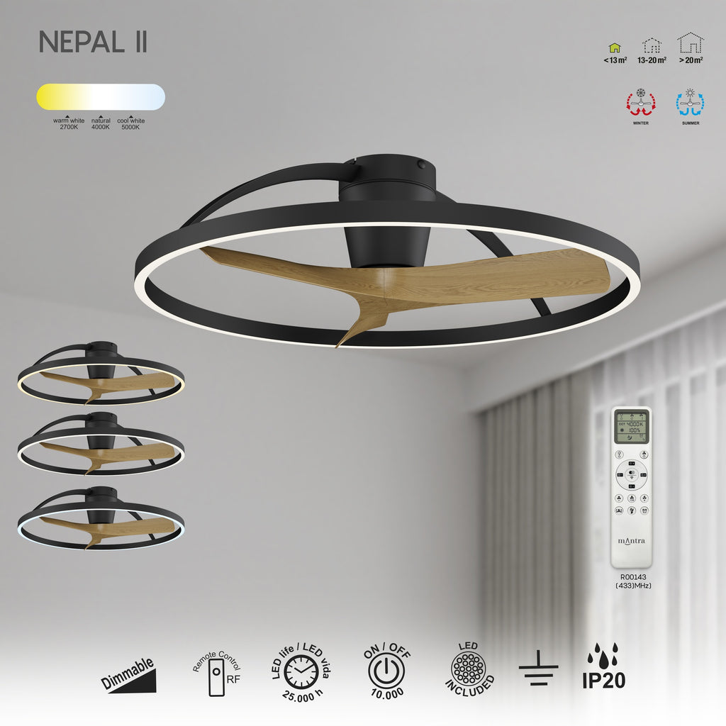 NEPAL II * VENTILADOR / PLAFON LED - NEGRO+MADERA