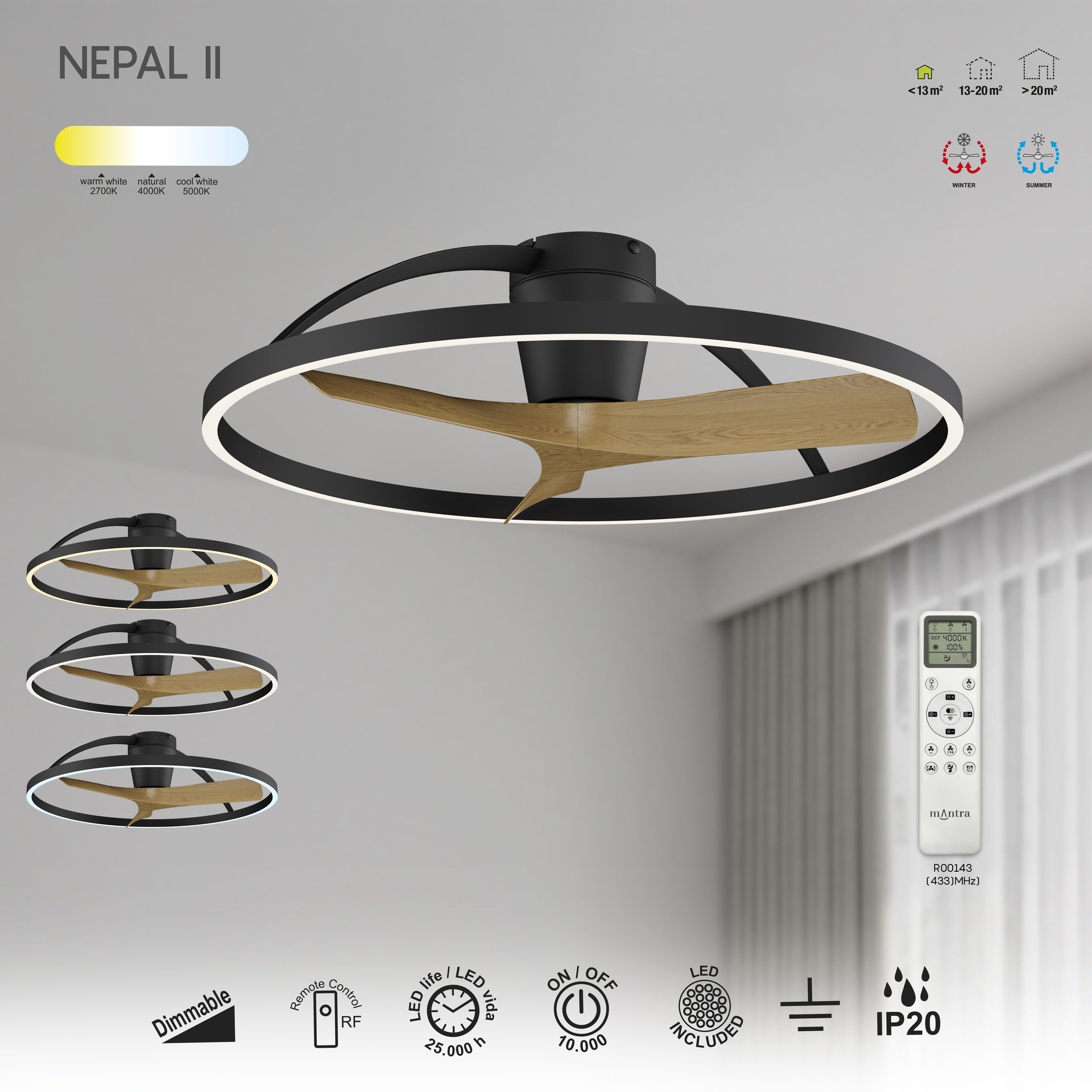 NEPAL II * VENTILADOR / PLAFON LED - NEGRO+MADERA