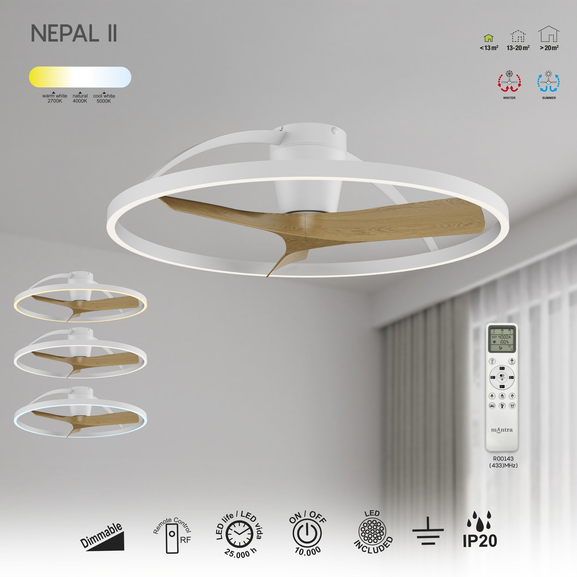 NEPAL II * VENTILADOR / PLAFON LED - BLANCO / MADERA