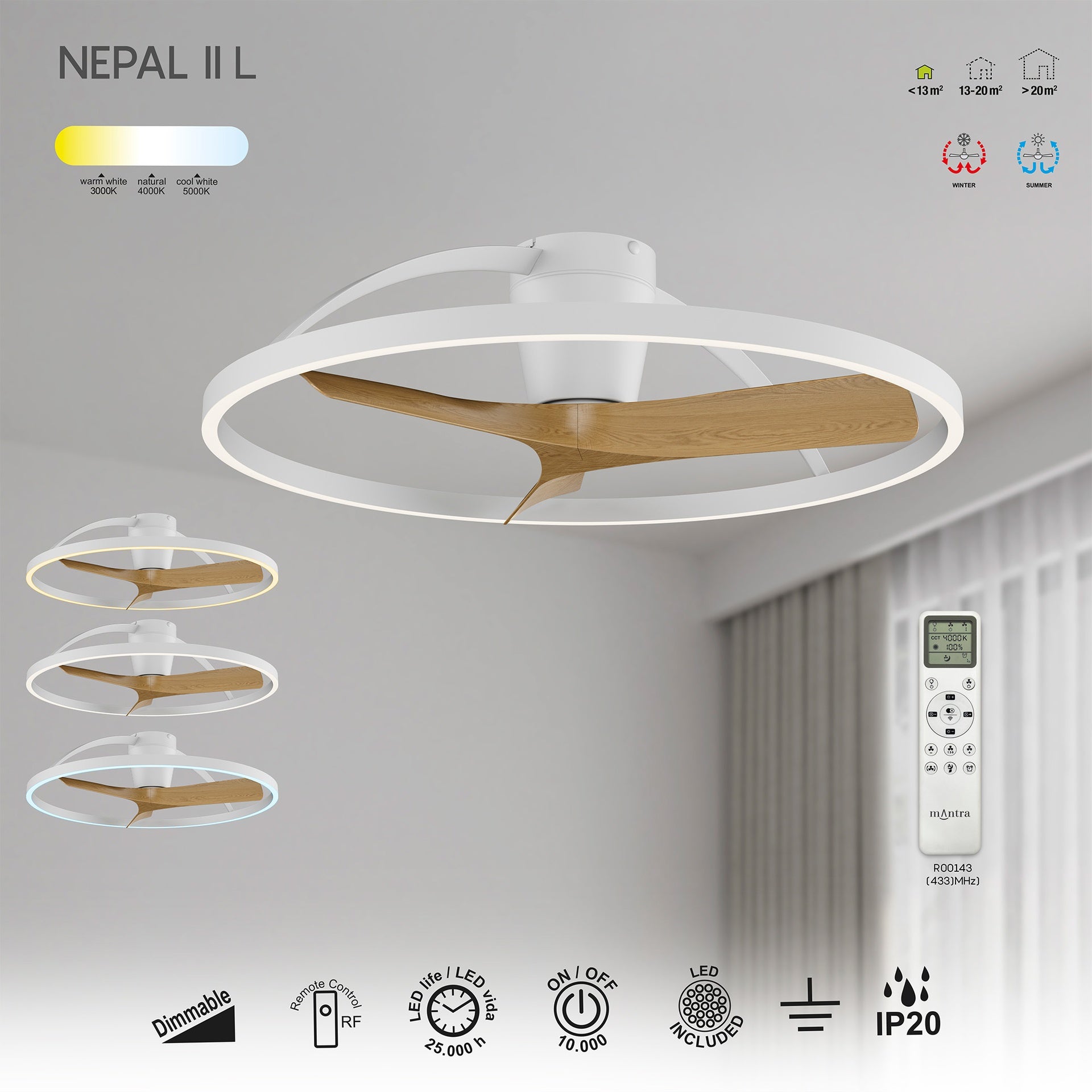 NEPAL II *PLAFON / VENTILADOR - BLANCO-MADERA - GRANDE