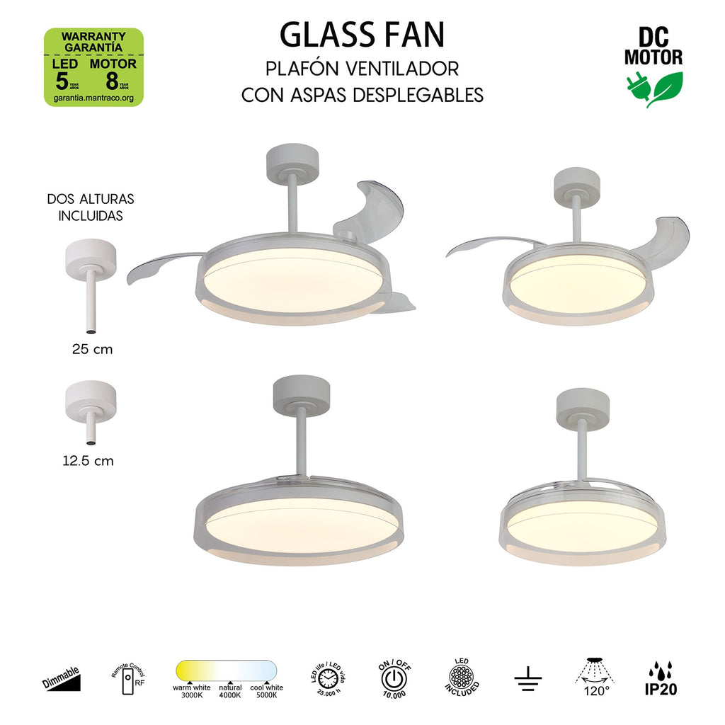 GLASS FAN * PLAFON / VENTILADOR 53 cm - BLANCO-TRANSPARENTE